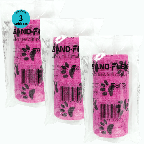 Atadura 10cm Rosa Com Patinhas Band-Flex Autoadesiva Para Animais Farex Kit Com 3
